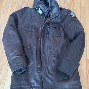 Parajumpers Distressed Brown Leather Jacket With Hood, Down Insert, Men’s Size L